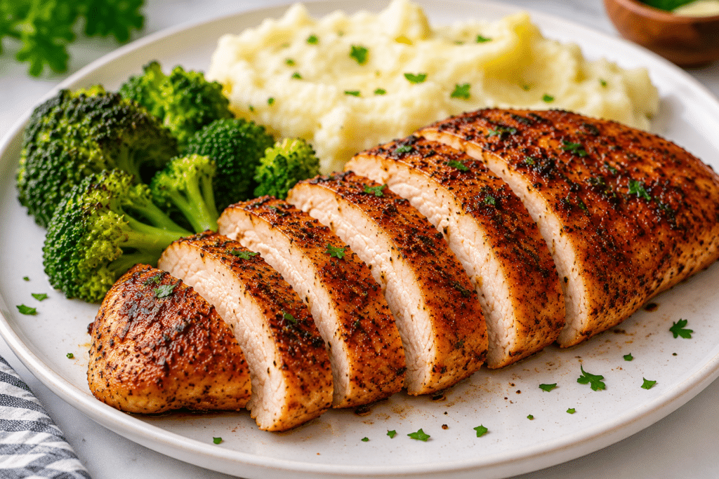Sliced air fryer chicken breast served with mashed potatoes and broccoli