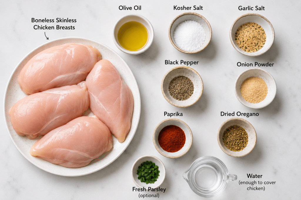 Raw chicken breasts with olive oil, paprika, garlic salt, oregano, and seasonings labeled on a marble surface