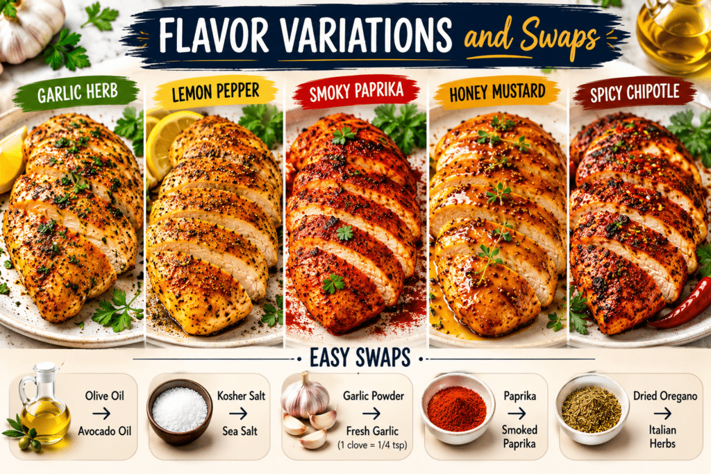 Different seasoning variations for air fryer chicken breast including garlic herb, lemon pepper, and spicy chipotle