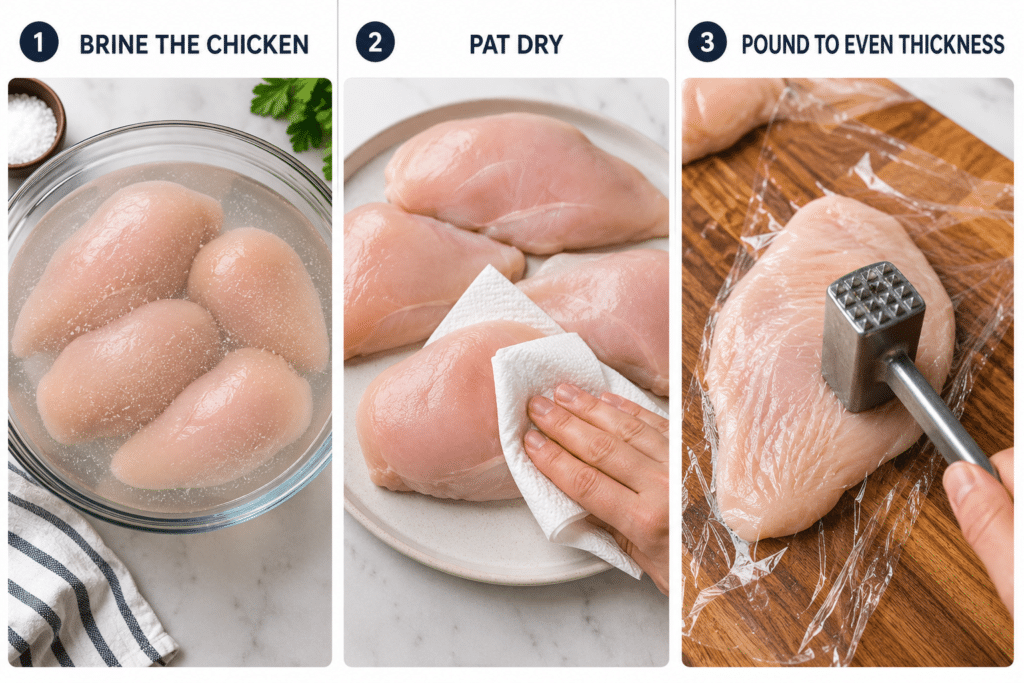 Step-by-step guide showing chicken brining, drying, and pounding for even thickness