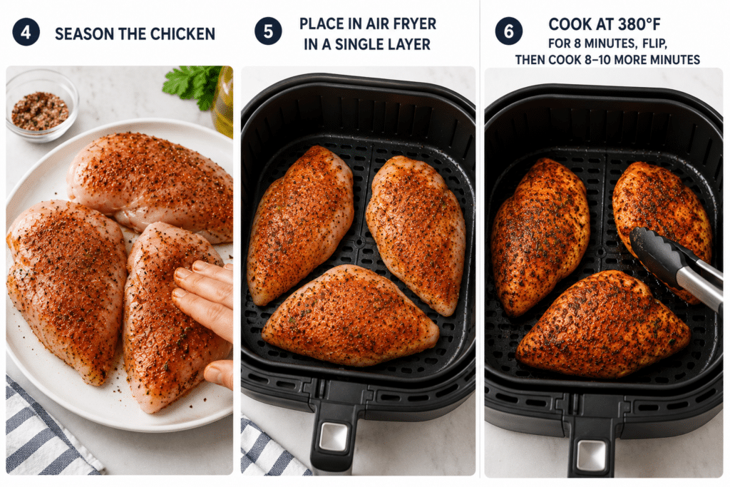 Step-by-step guide showing seasoned chicken placed in an air fryer and cooked until golden