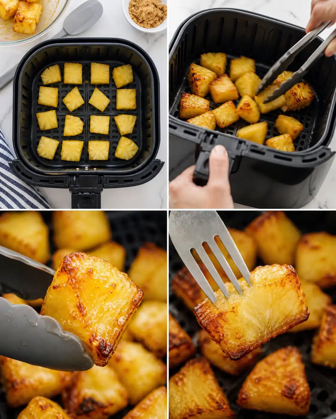 four-panel collage showing pineapple cubes browning in an air fryer, with close-ups of crispy edges