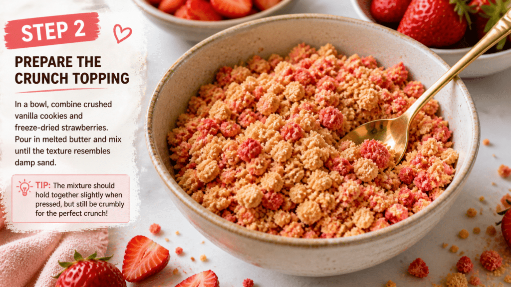 crushed cookies and freeze dried strawberries mixed with butter to create crunchy topping