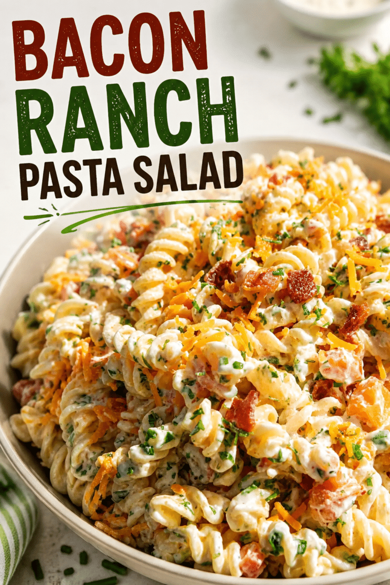 Creamy Bacon Ranch Pasta Salad with crispy bacon, cheddar cheese, ranch dressing, and rotini pasta served in a bowl