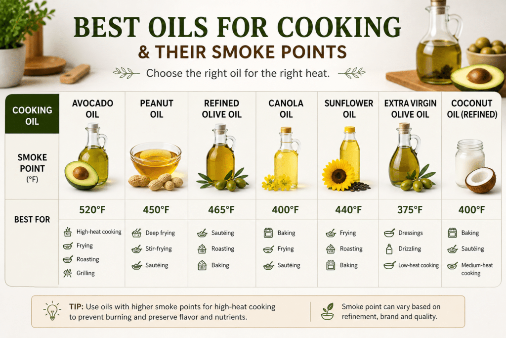 Best oils for cooking at high heat with smoke points and cooking uses