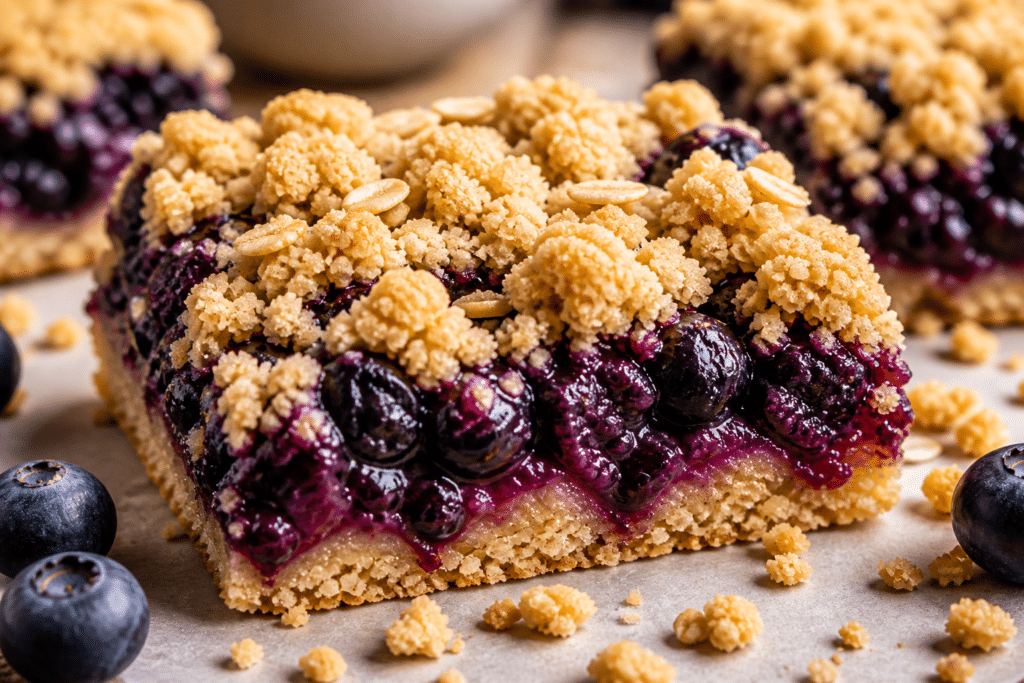 Close-up of blueberry crumble bars showing juicy blueberry filling and crumbly golden oat topping texture