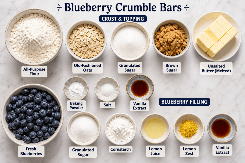 Ingredients for blueberry crumble bars including blueberries, oats, flour, butter, sugar, lemon, and vanilla