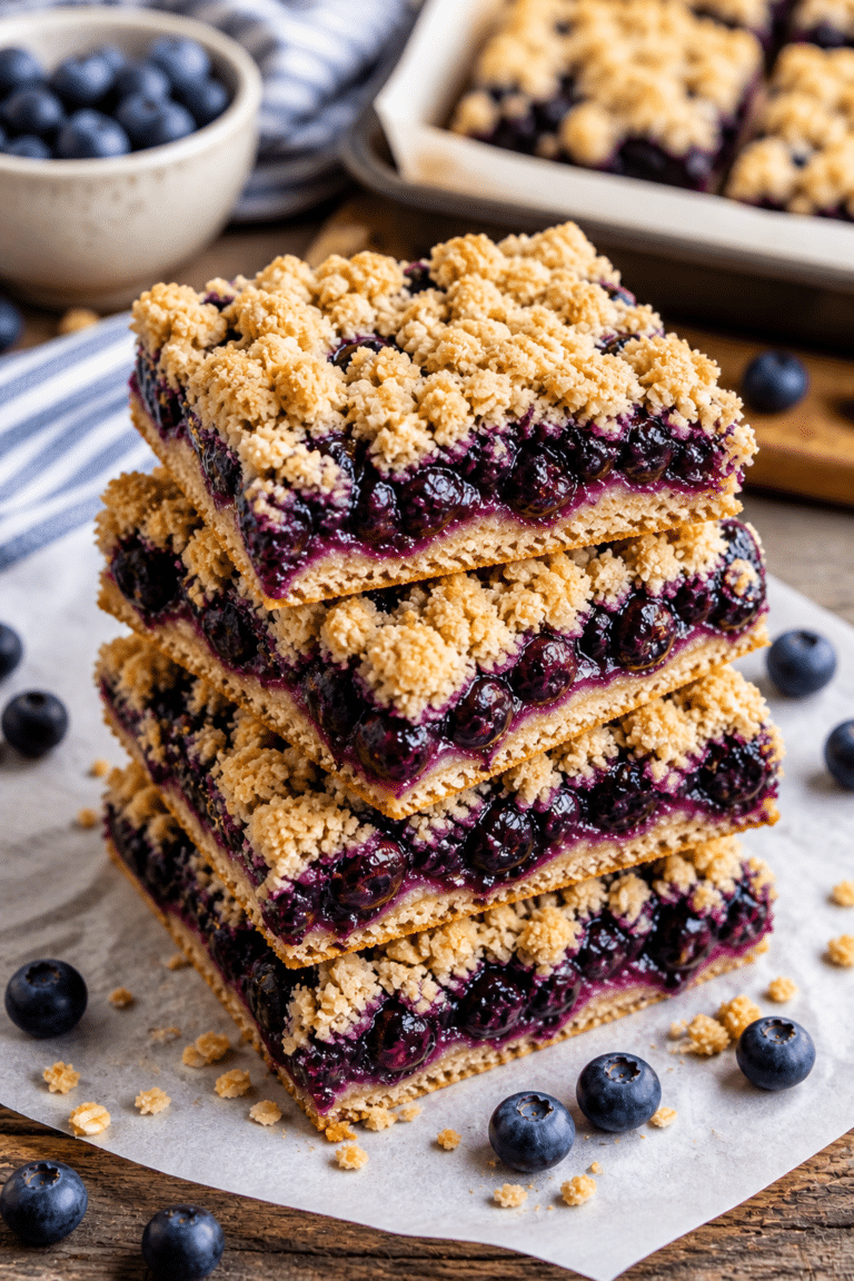 Stack of homemade blueberry crumble bars with buttery oat topping and juicy blueberry filling on parchment paper