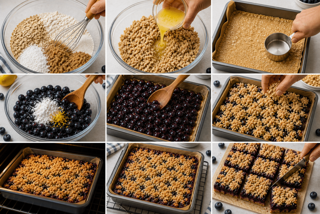Baked blueberry crumble bars cooling in pan and being sliced into squares