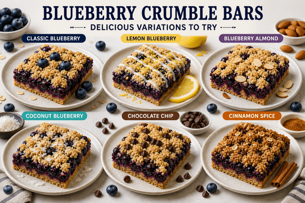Different variations of blueberry crumble bars including lemon, chocolate chip, coconut, and almond flavors