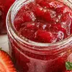 Final plated Classic Strawberry Rhubarb Jam with Pectin served as a hero shot