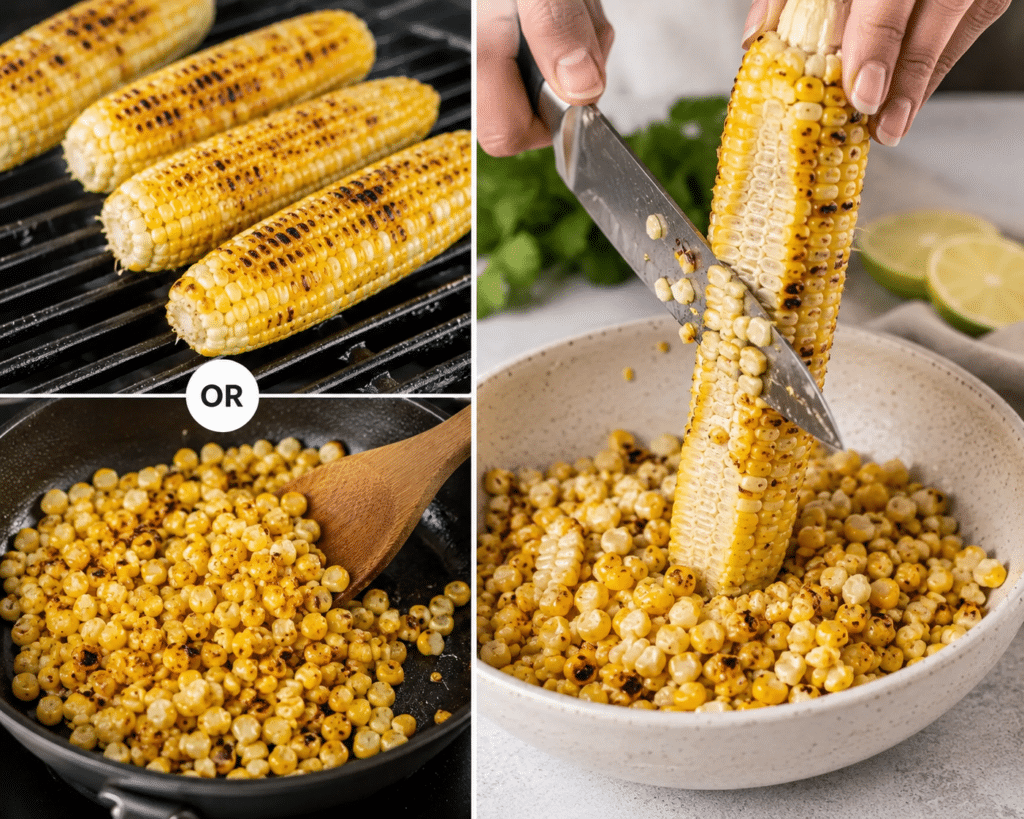 Bowl of smooth creamy dressing beside a pot of al dente pasta and charred corn kernels
