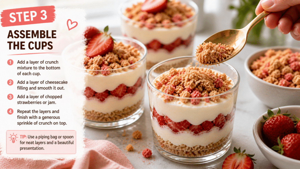 layering cheesecake cups with cream strawberries and crunchy topping in clear glass