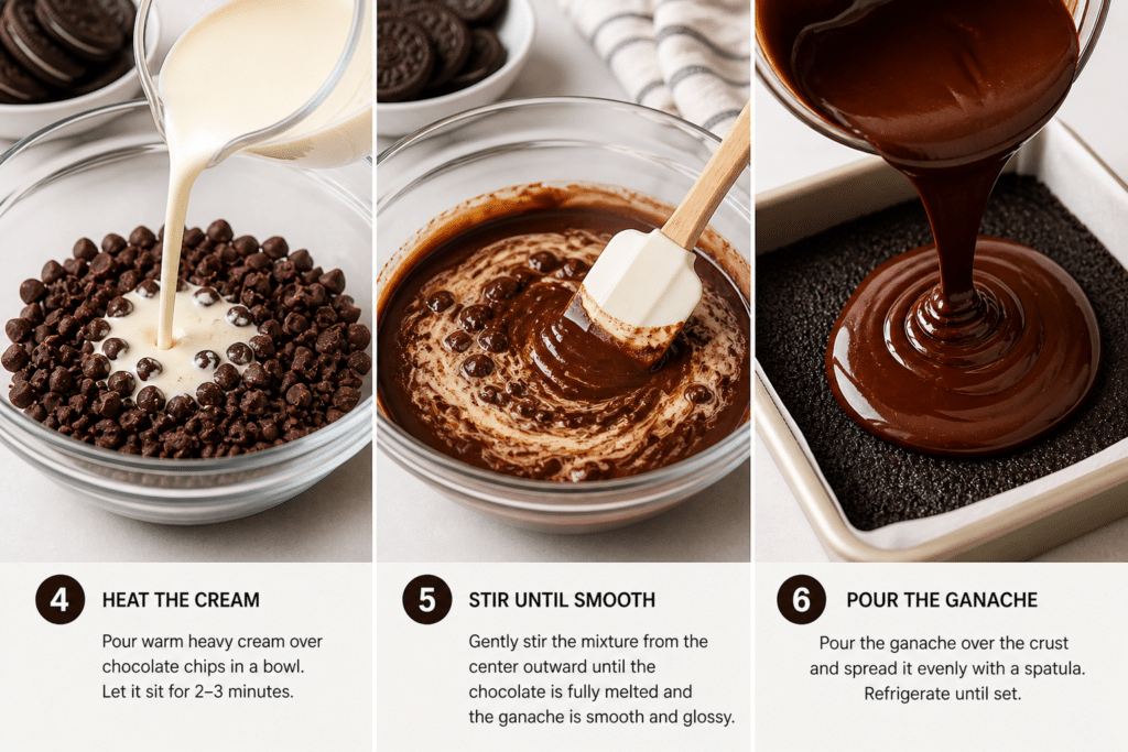 Pouring cream over chocolate chips and mixing into smooth ganache