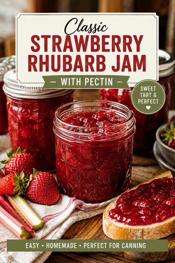 Pinterest-style graphic featuring homemade classic strawberry rhubarb jam with pectin in glass jars, fresh strawberries and rhubarb, and jam spread on toast in a rustic farmhouse kitchen setting.
