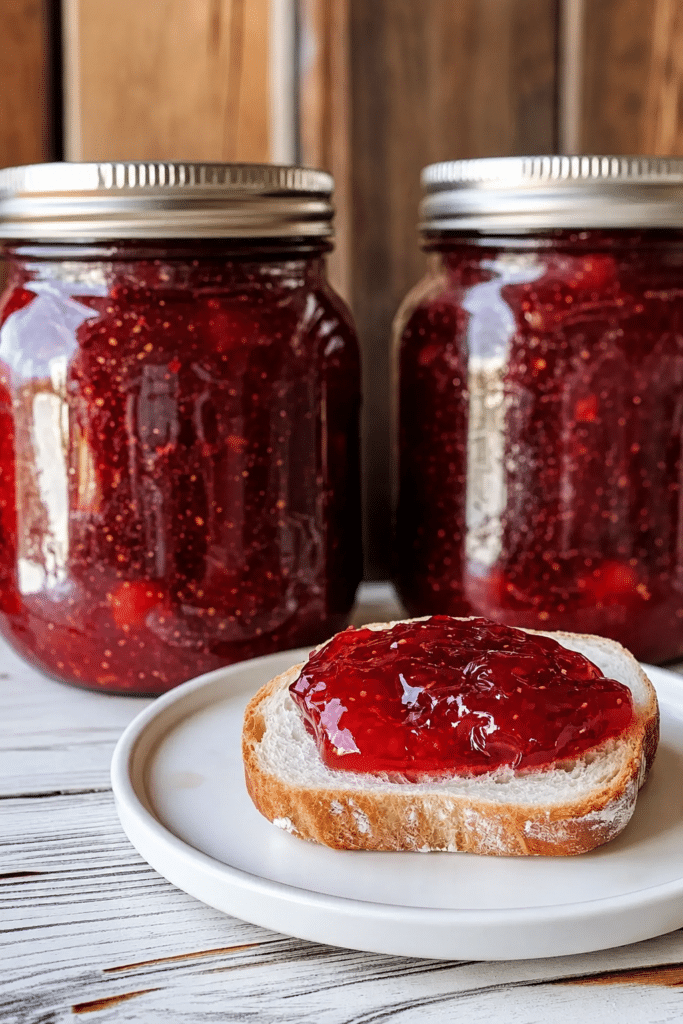 Classic strawberry rhubarb jam with pectin served on sliced bread with homemade jam jars in the background on a rustic wooden table.