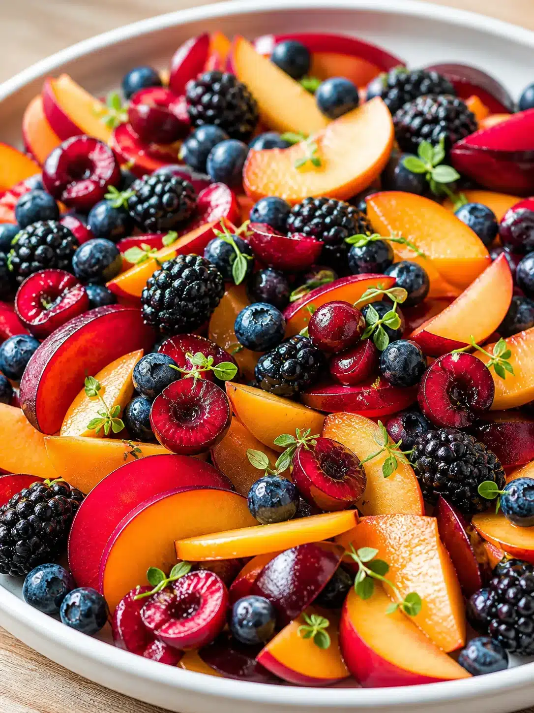 Summer Fruit Salad: Close-up view of a white dish filled with sliced peaches, plums, blueberries, blackberries, and fresh herbs
