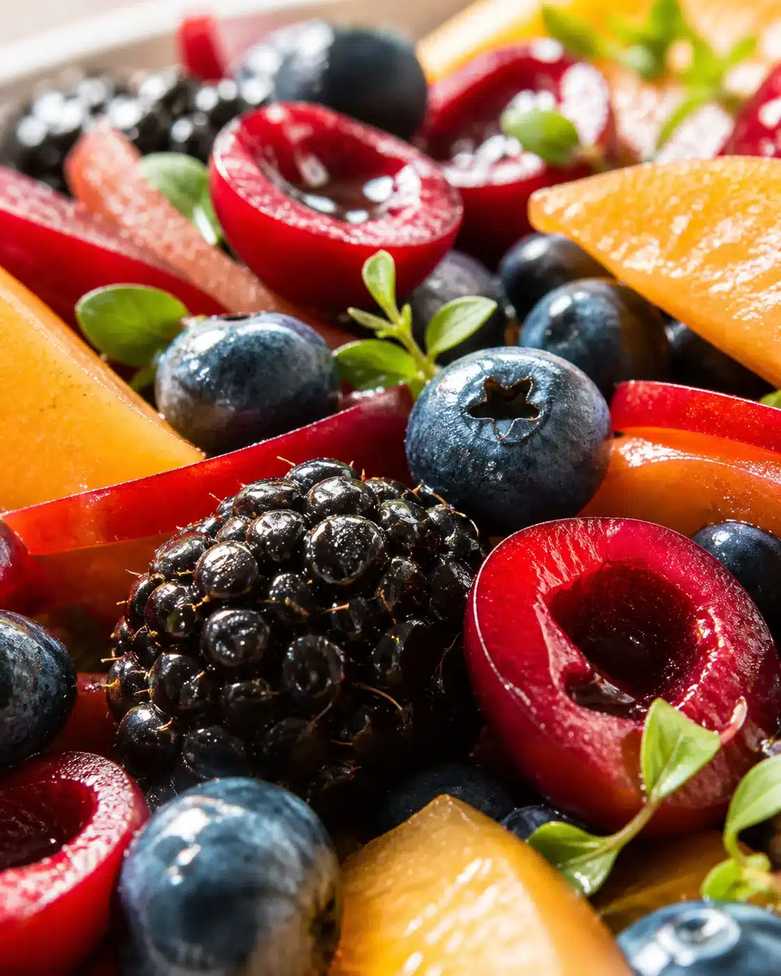 Close-up of a vibrant fruit salad with blueberries, blackberries, plums, and peach slices.