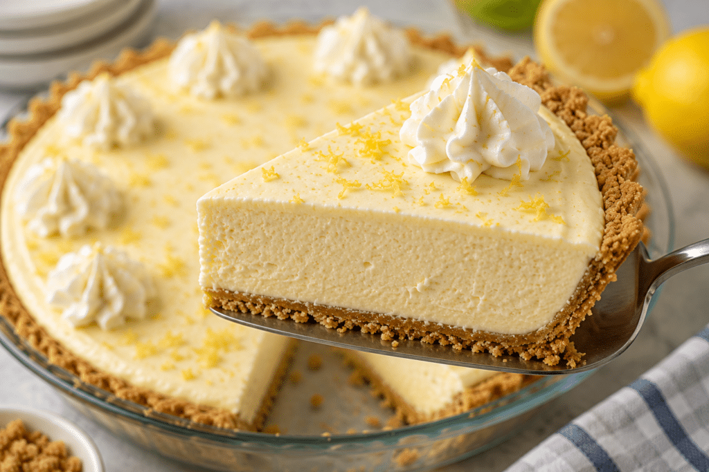 Whole 3-ingredient condensed milk mousse pie topped with whipped cream and lemon zest