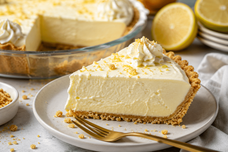 Creamy slice of 3-ingredient condensed milk mousse pie with graham cracker crust and whipped cream topping