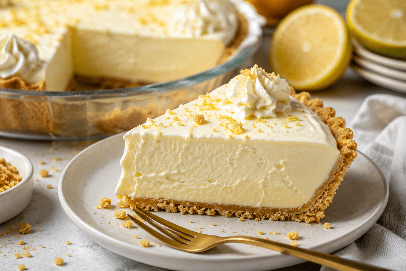 Creamy slice of 3-ingredient condensed milk mousse pie with graham cracker crust and whipped cream topping