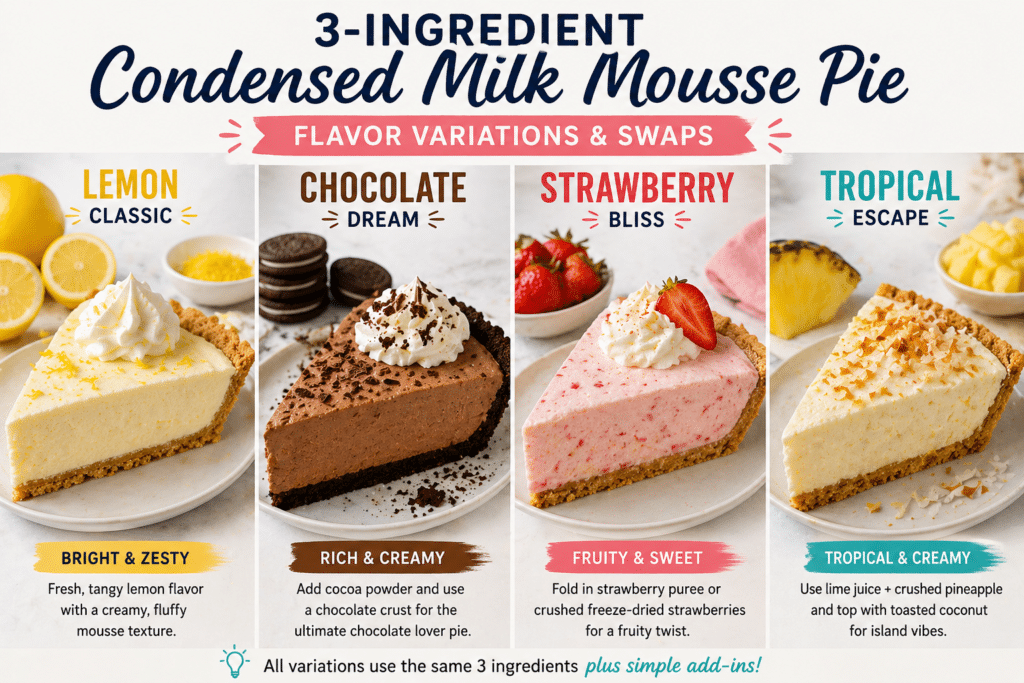 Different flavor variations of condensed milk mousse pie including lemon, chocolate, strawberry, and tropical