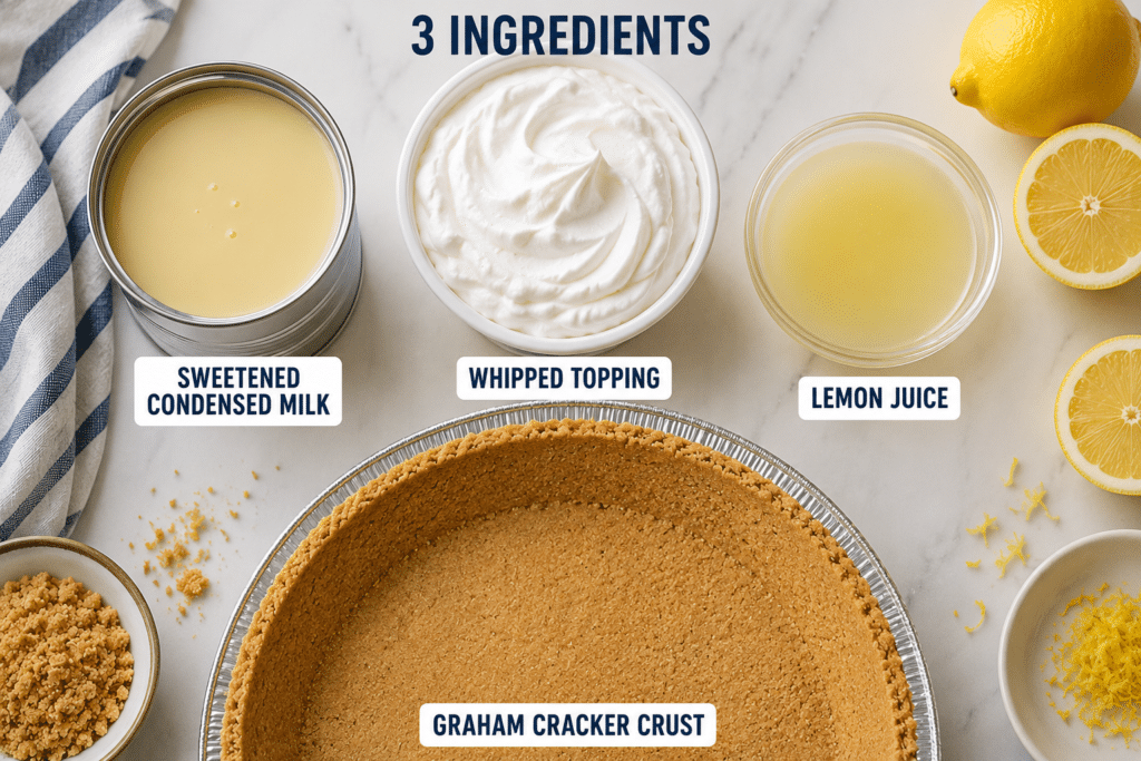 Ingredients for condensed milk mousse pie including condensed milk, whipped topping, lemon juice, and graham crust