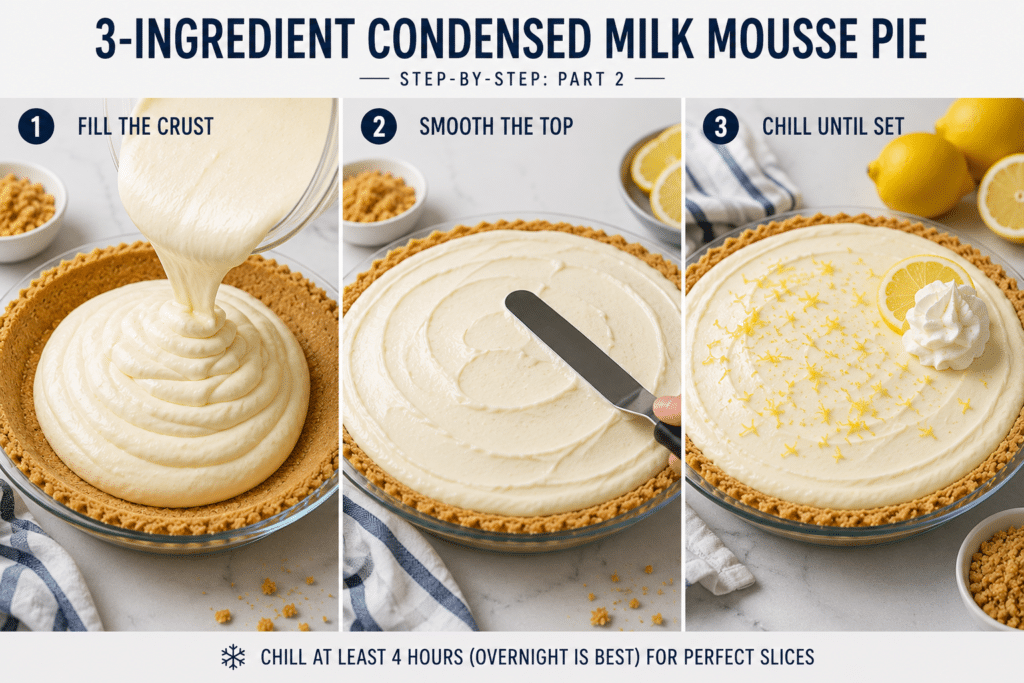 Step-by-step process of filling and smoothing condensed milk mousse pie before chilling