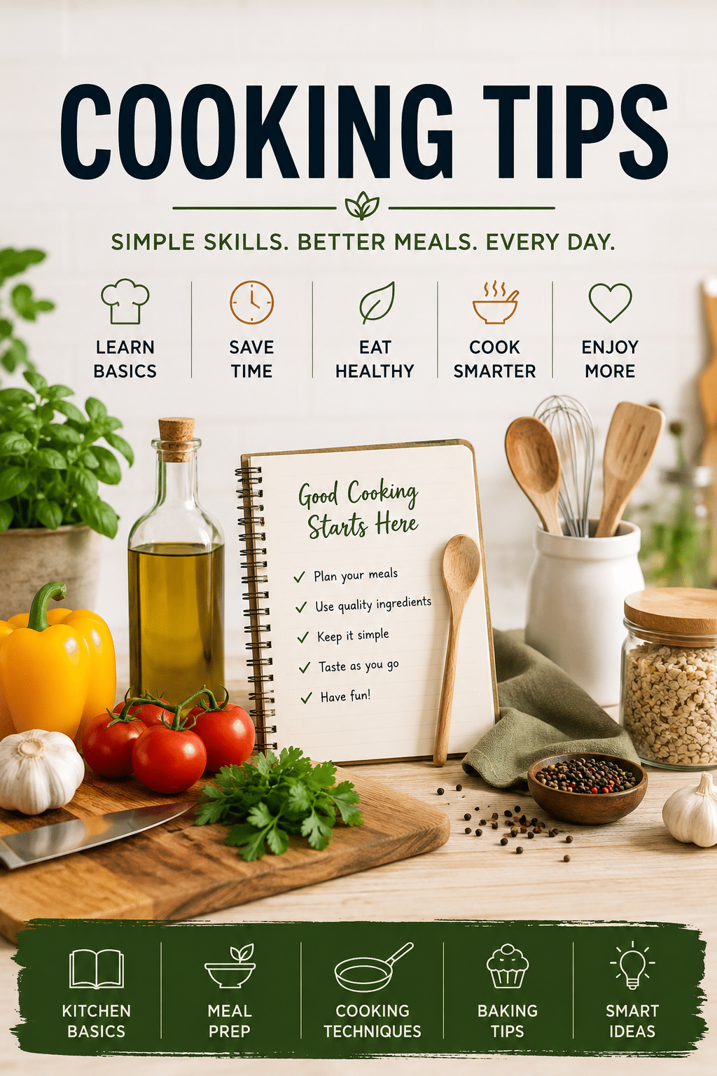 Cooking tips for beginners with kitchen basics meal prep and everyday cooking advice