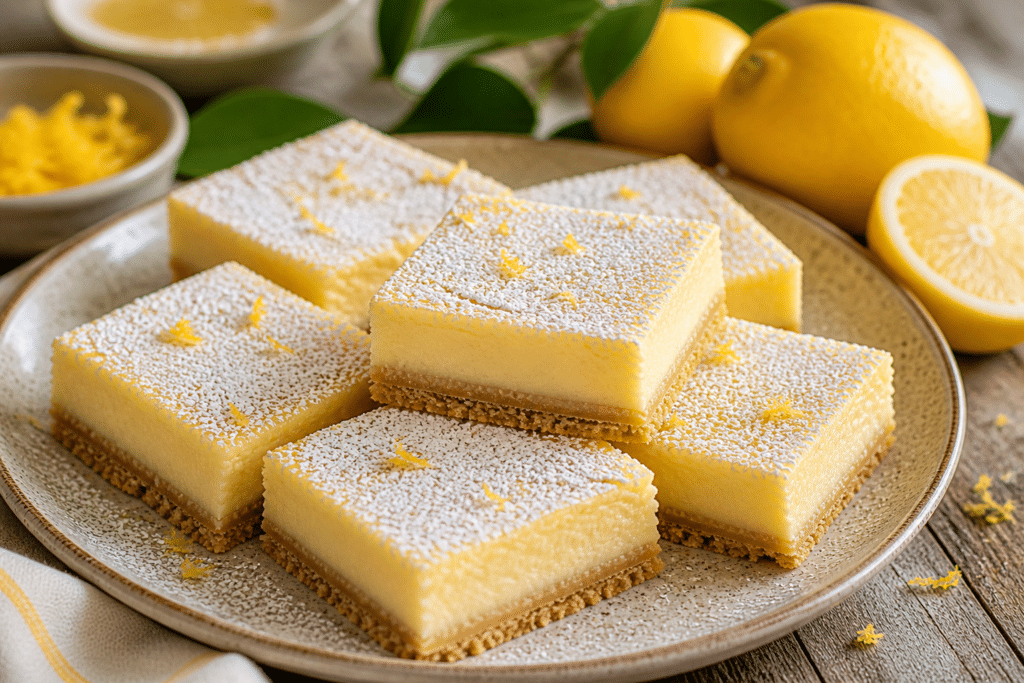 Creamy lemon cream cheese bars served on plate with powdered sugar and fresh lemons in background