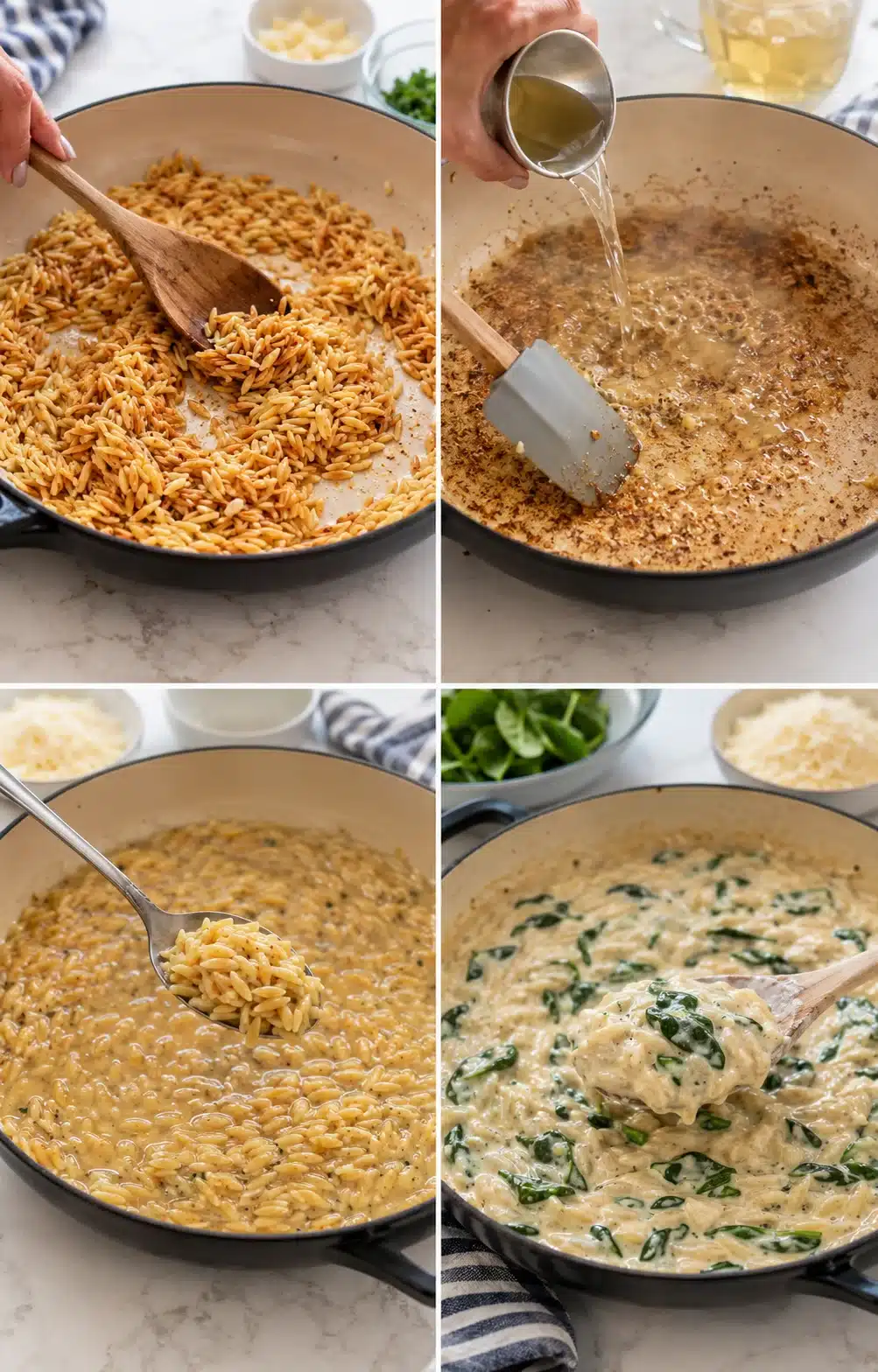 four-panel collage showing toasting orzo, deglazing, creamy sauce, and spinach in skillet.