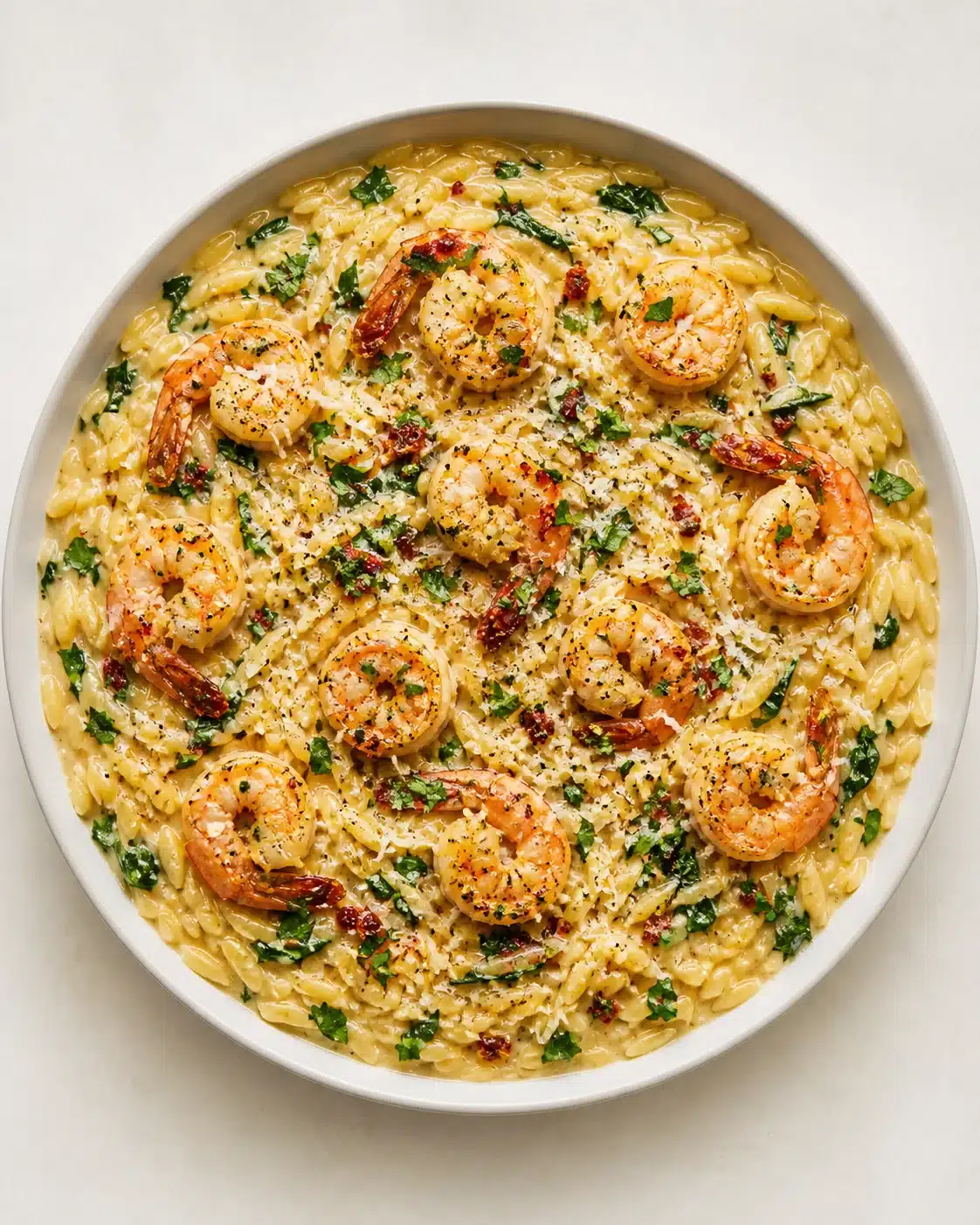 Round white bowl filled with creamy shrimp pasta, topped with parsley and grated cheese.