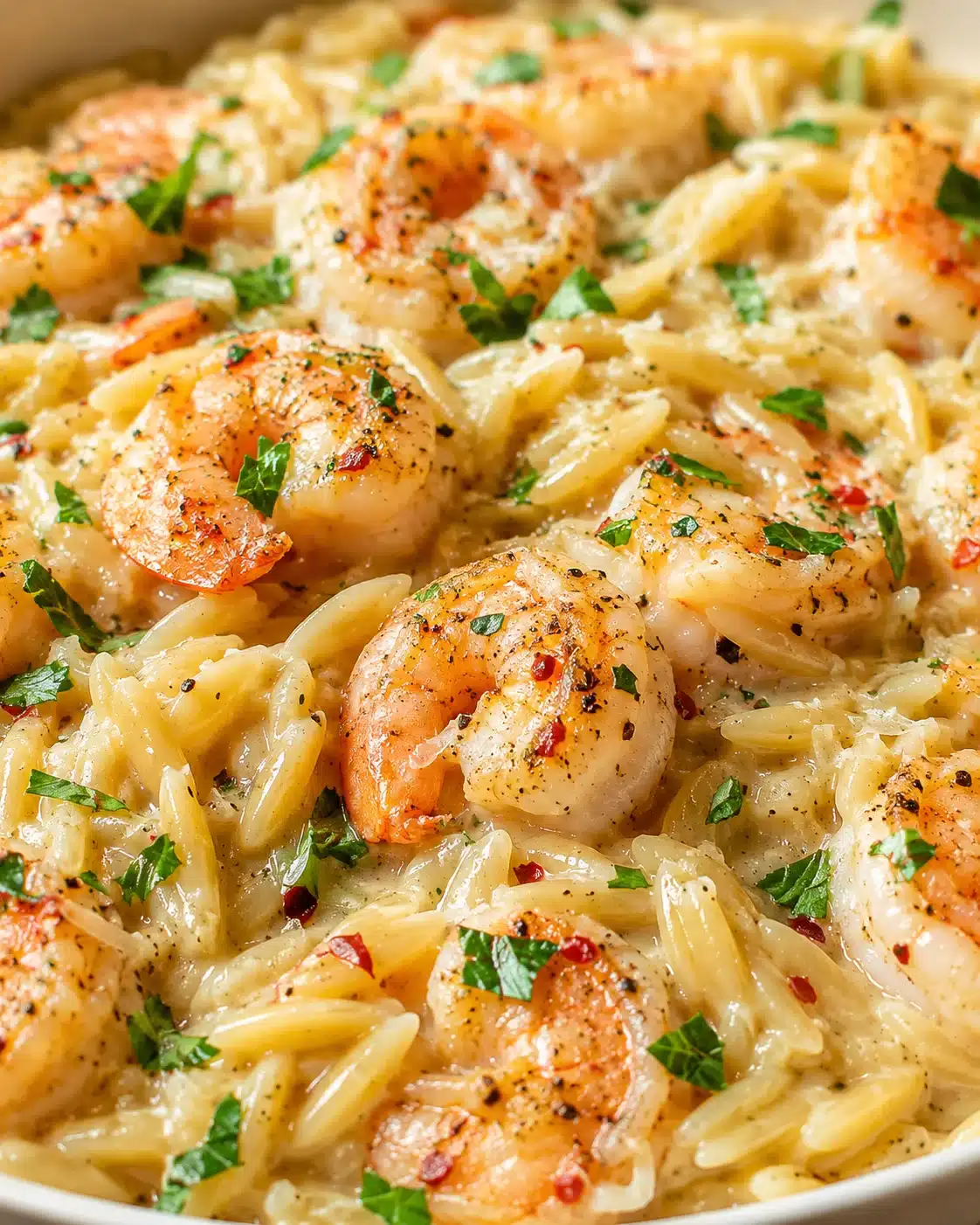 Creamy shrimp penne pasta topped with parsley, garlic, and red pepper flakes
