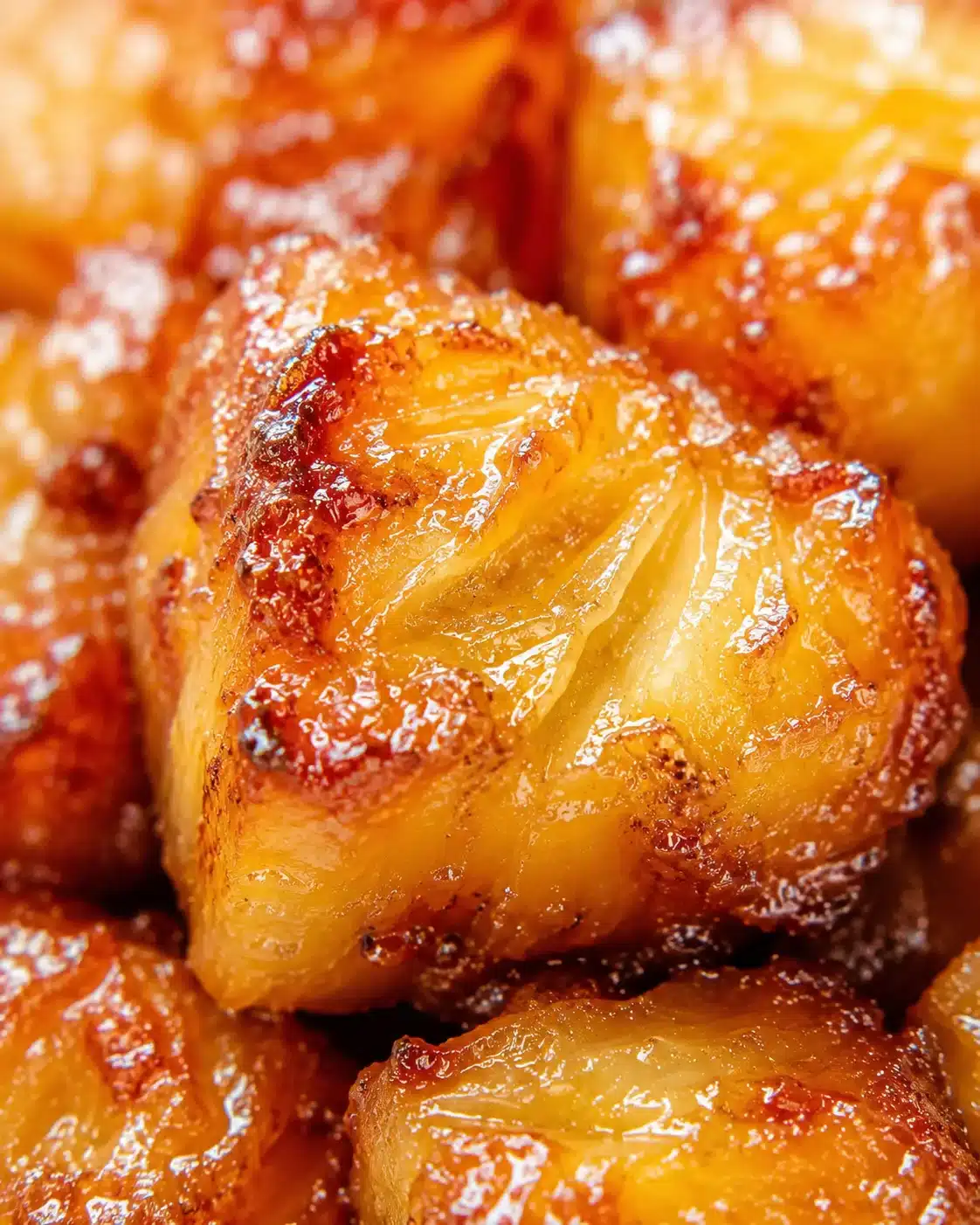 Close-up of glossy, golden-brown roasted potatoes with crispy edges and salt crystals.
