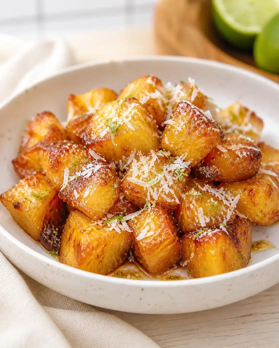 bowl of golden-brown roasted potato cubes sprinkled with grated cheese and herbs on a light wooden table