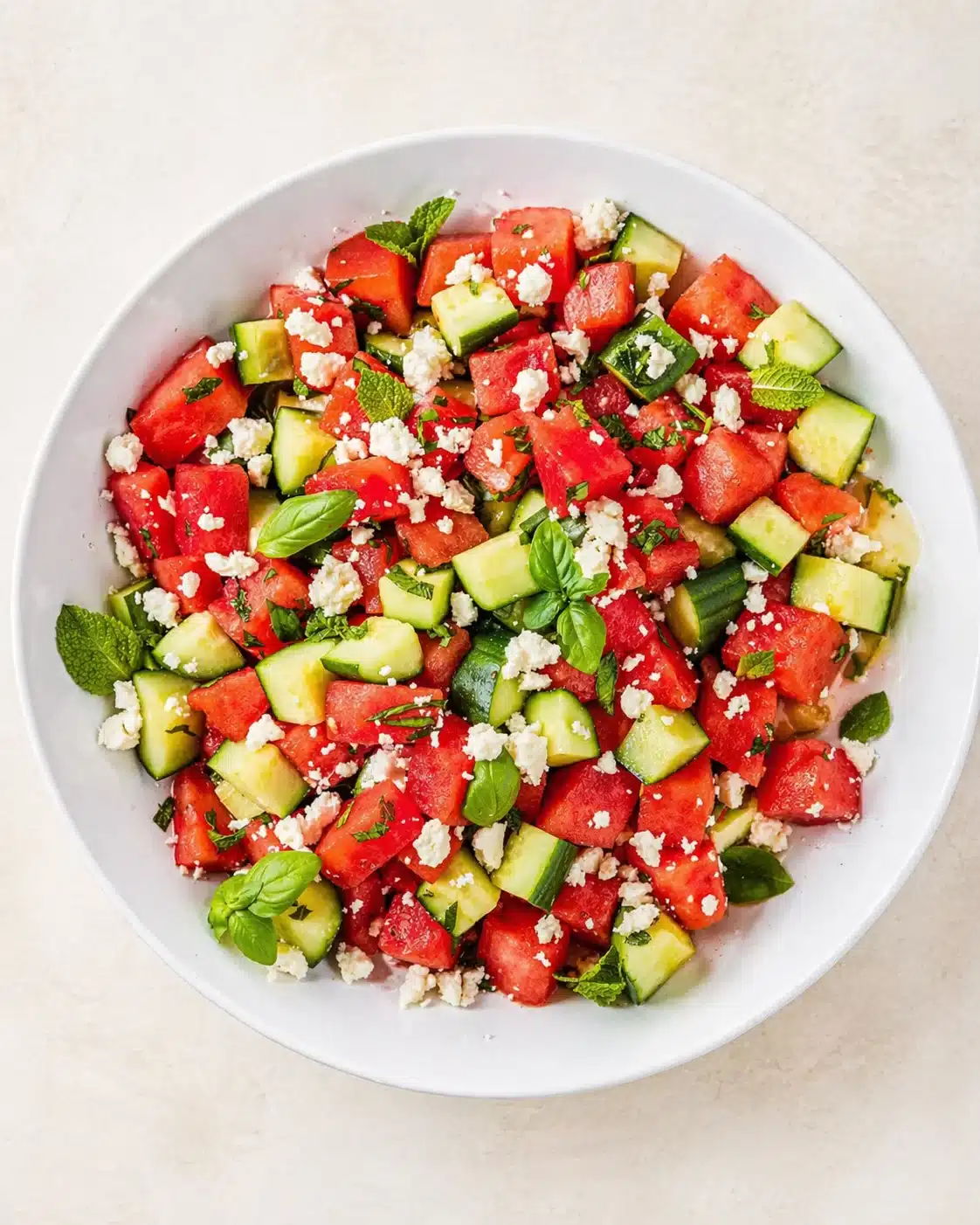Straight-down overhead view of Watermelon Salad with Feta, Cucumber and Mint | The Mediterranean Dish