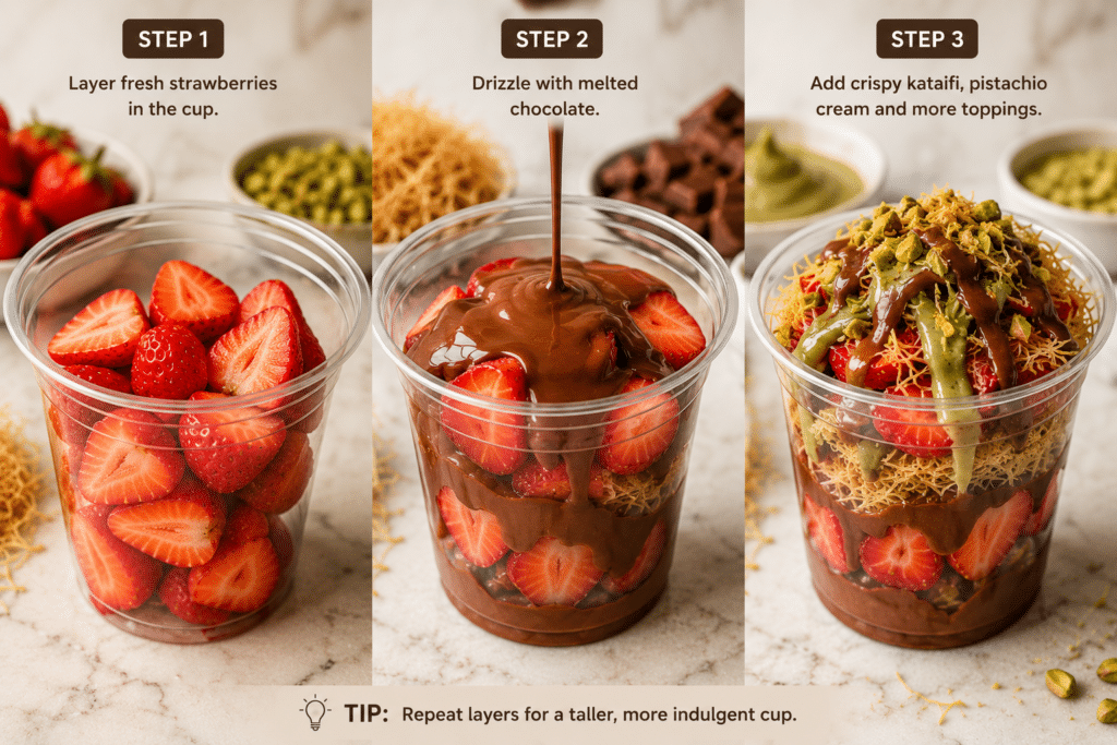 Step-by-step layering process for Dubai chocolate strawberry dessert cups