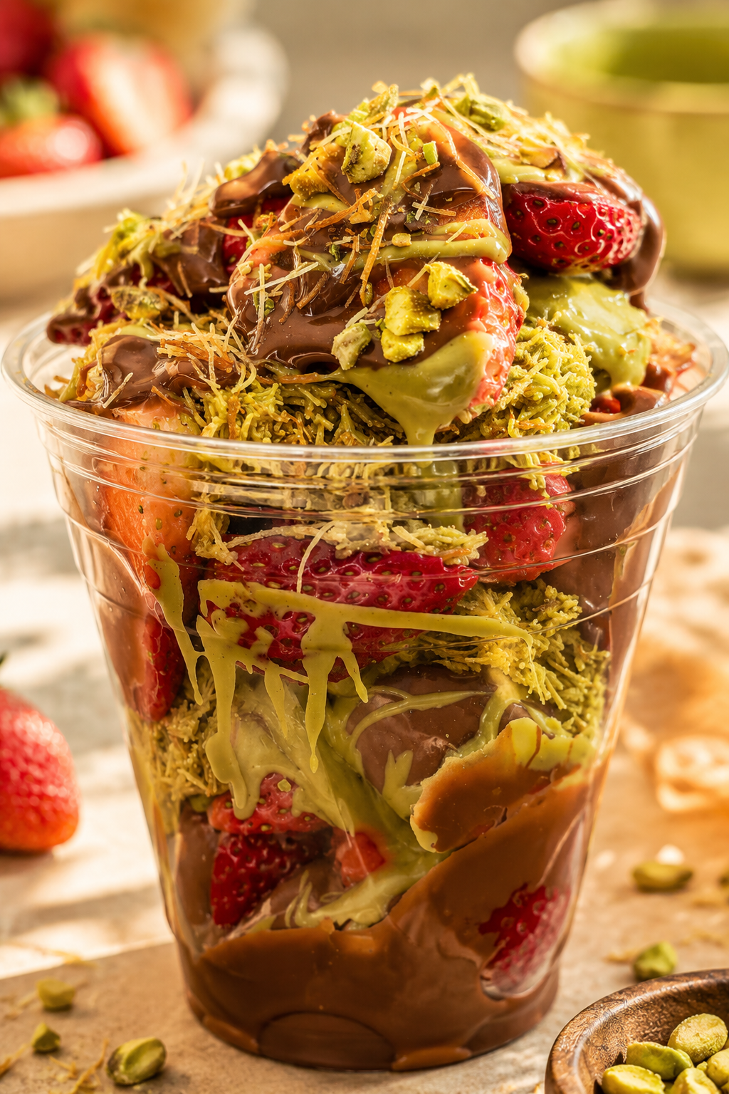 Dubai chocolate strawberry cup with pistachio cream, melted chocolate, fresh strawberries, and crispy kataifi