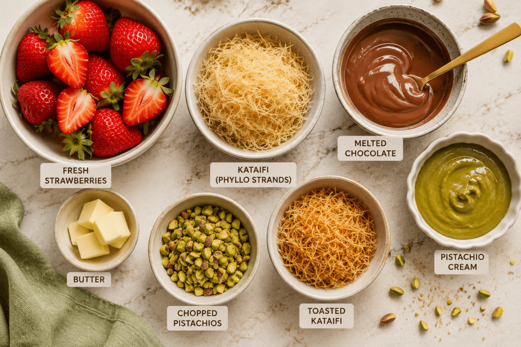 Ingredients for Dubai chocolate strawberry cup including strawberries, kataifi, chocolate, pistachio cream, and pistachios