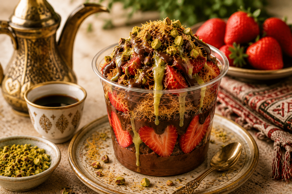 Dubai chocolate strawberry dessert served with Arabic coffee and pistachios