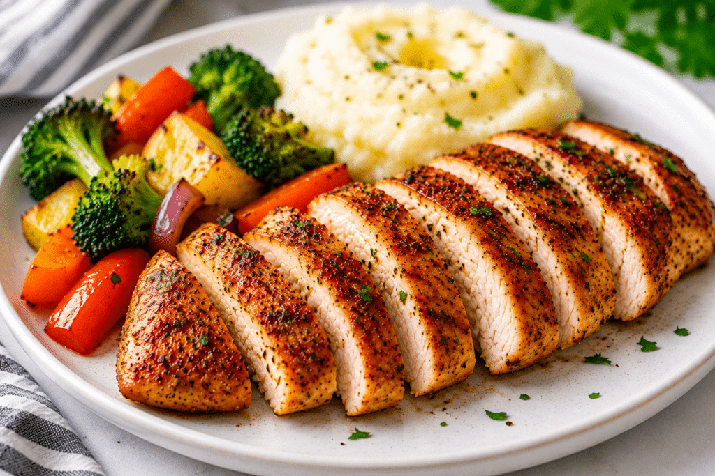Air fryer chicken breast served with roasted vegetables and creamy mashed potatoes