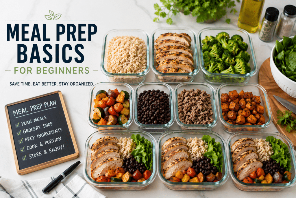 Easy Meal Prep Basics with organized weekly meal prep containers and healthy ingredients