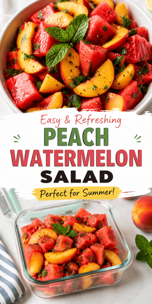 Pinterest-style peach watermelon salad graphic featuring juicy watermelon, ripe peaches, fresh mint, and a summer salad recipe layout.