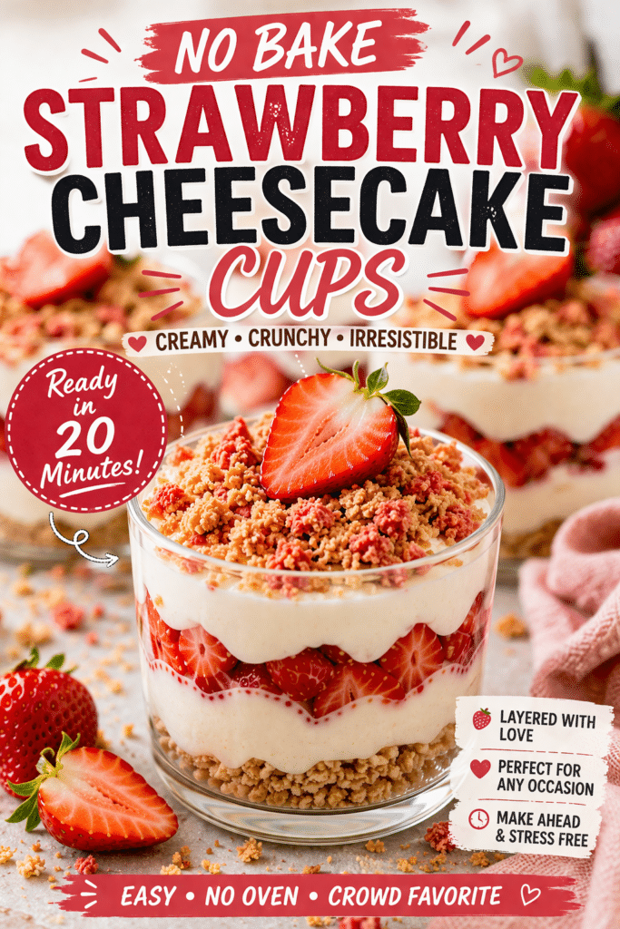 pinterest style strawberry cheesecake cups no bake easy creamy dessert with crunchy topping