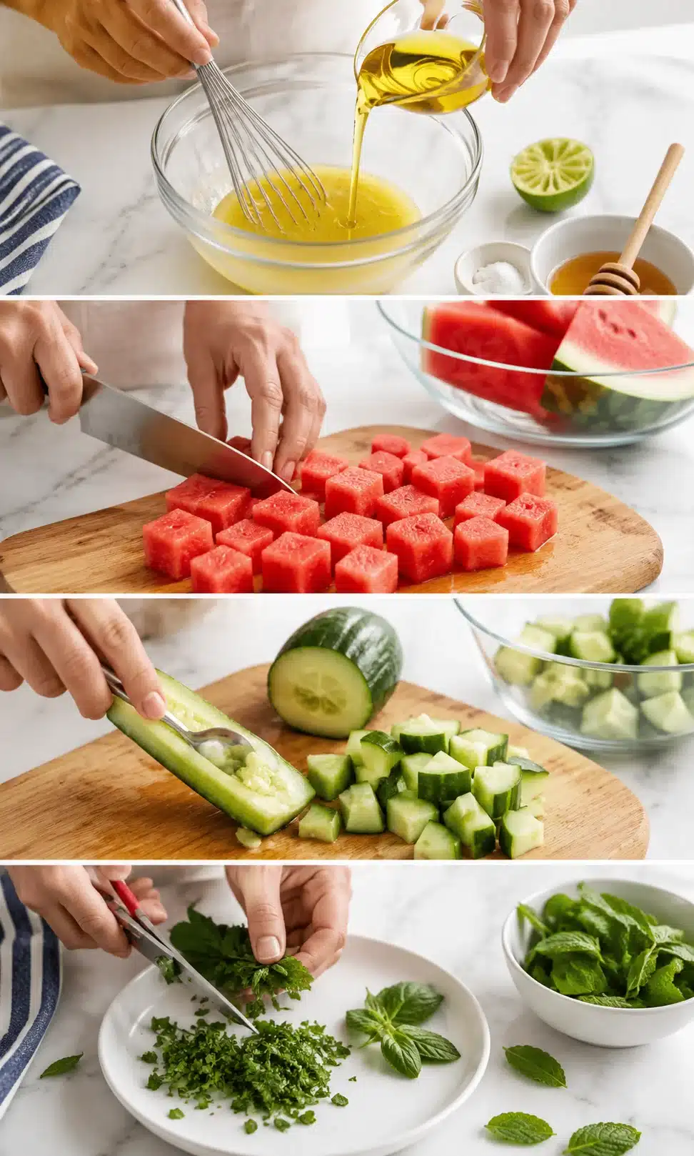Four-panel collage of kitchen prep: whisking eggs with oil, watermelon cubes, cucumber dice, and chopped mint.