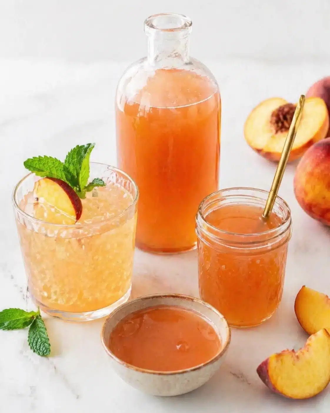 Bright peach juice drinks with ice, peach slices, and fresh mint on a white background.