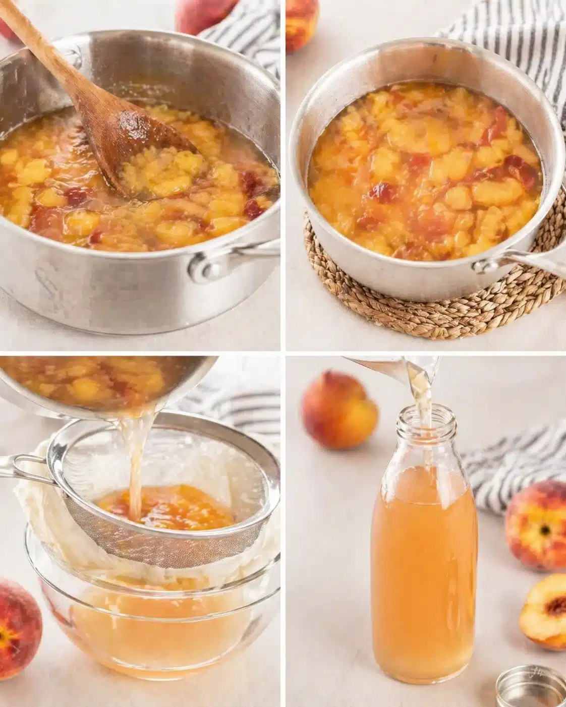 collage showing peach jam making: cooking peaches in pot, straining pulp, and peach juice being poured into a bottle