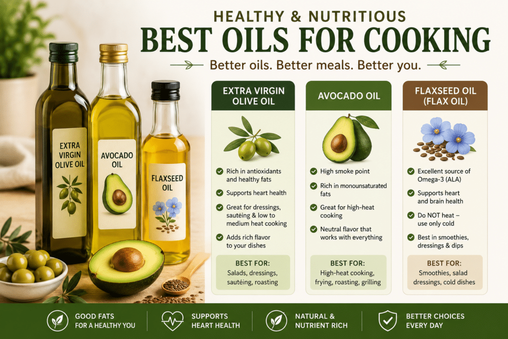 Healthy best oils for cooking including olive oil avocado oil and flaxseed oil