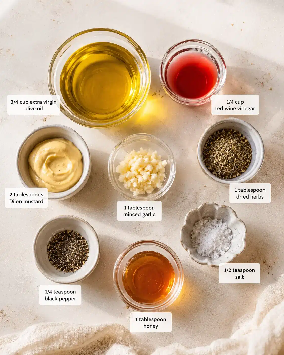 Overhead view of honey-dijon vinaigrette ingredients arranged with labeled bowls on a light countertop.