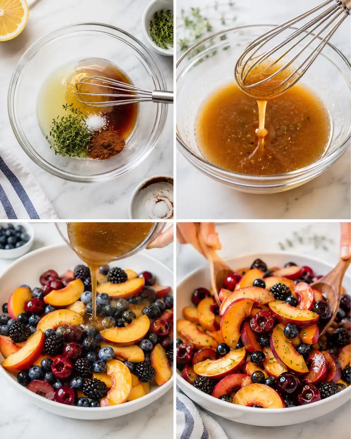 collage of four kitchen-step images showing ingredients, dressing, and dressed peach-berry fruit salad